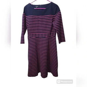 Talbots Navy Blue Pink Striped Textured Fit Flare Dress Large Excellent